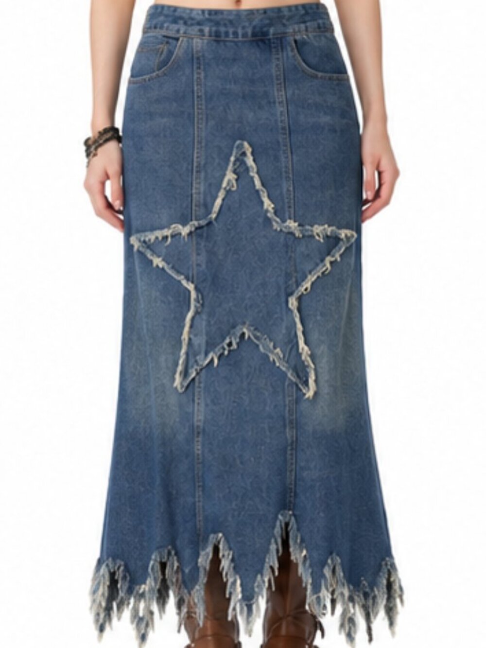 Distressed Star Denim Skirt With Pockets